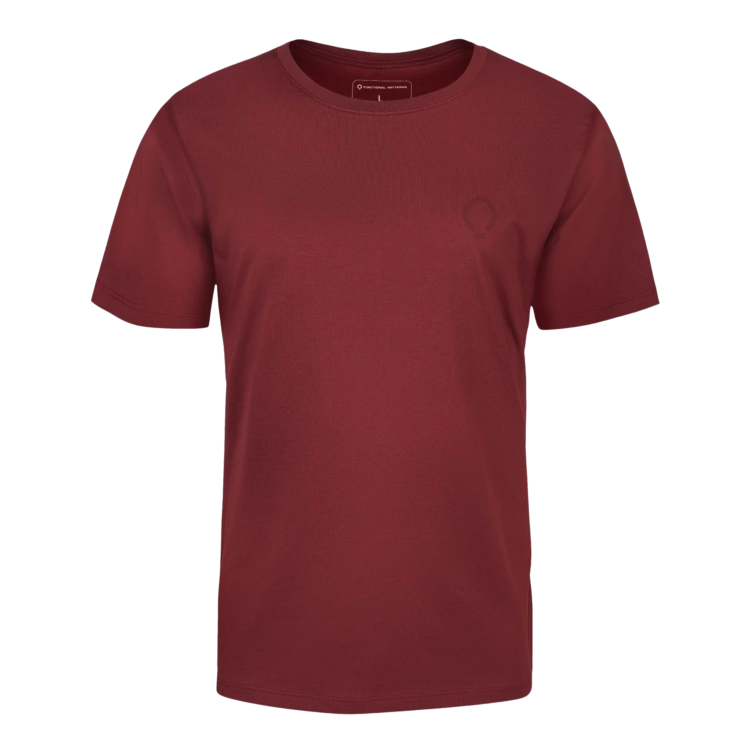 Maroon t-shirt with a small logo on the chest against a white background