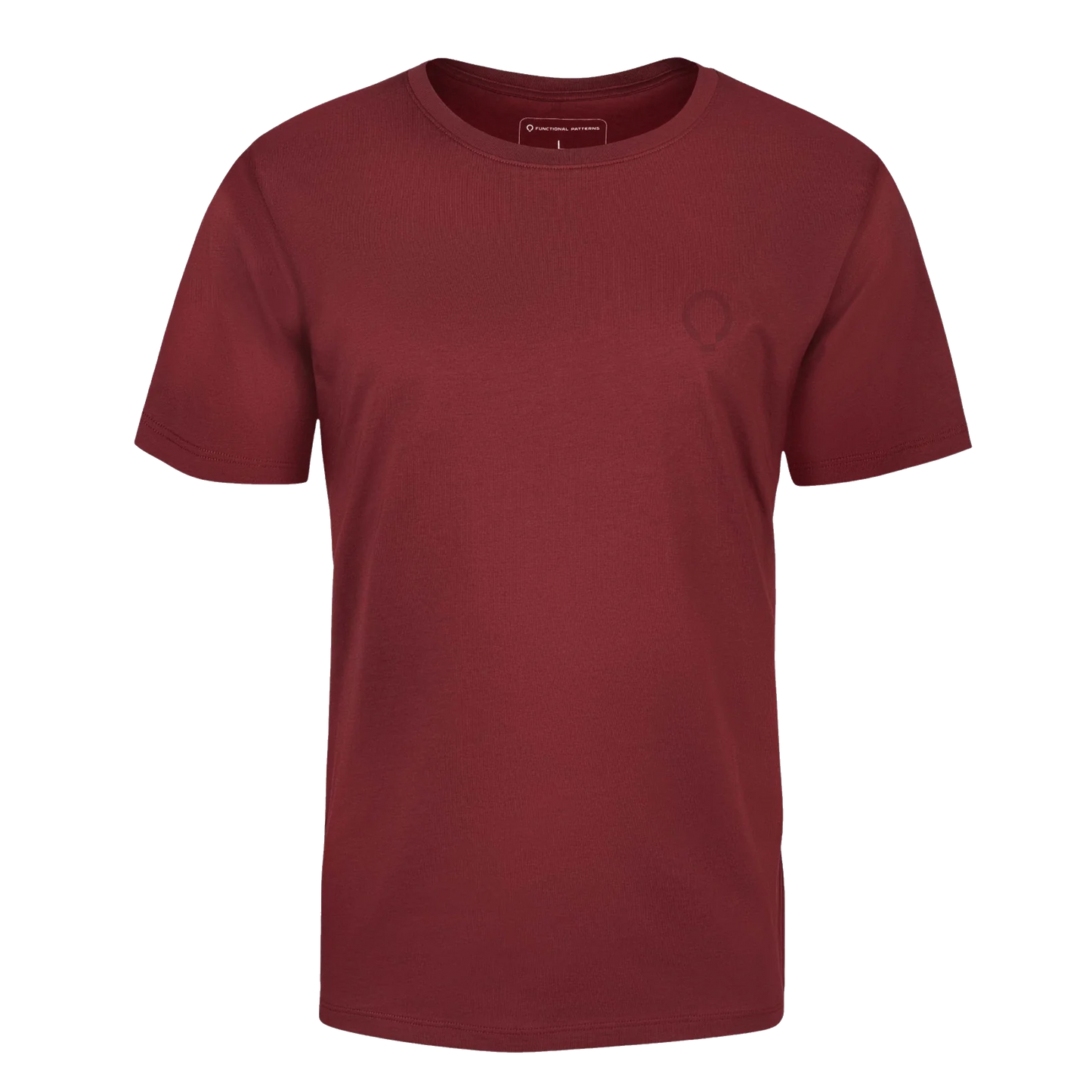 Maroon t-shirt with a small logo on the chest against a white background
