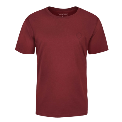 Maroon t-shirt with a small logo on the chest against a white background